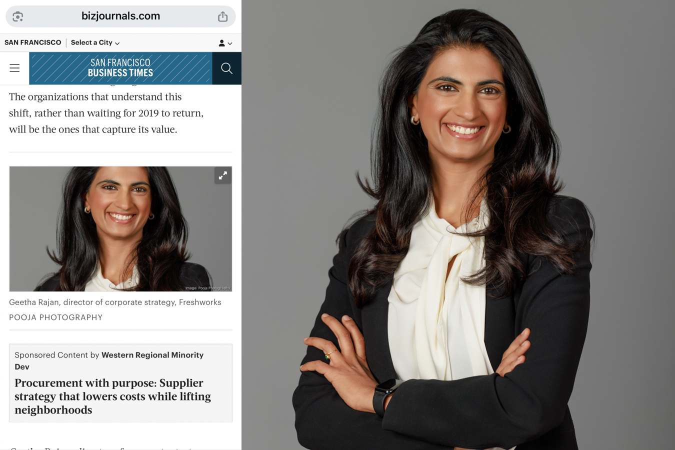 Geetha Rajan headshot in business attire published in San Francisco Business Times enjoying a luxury portrait session at Pooja Photography San Ramon studio.