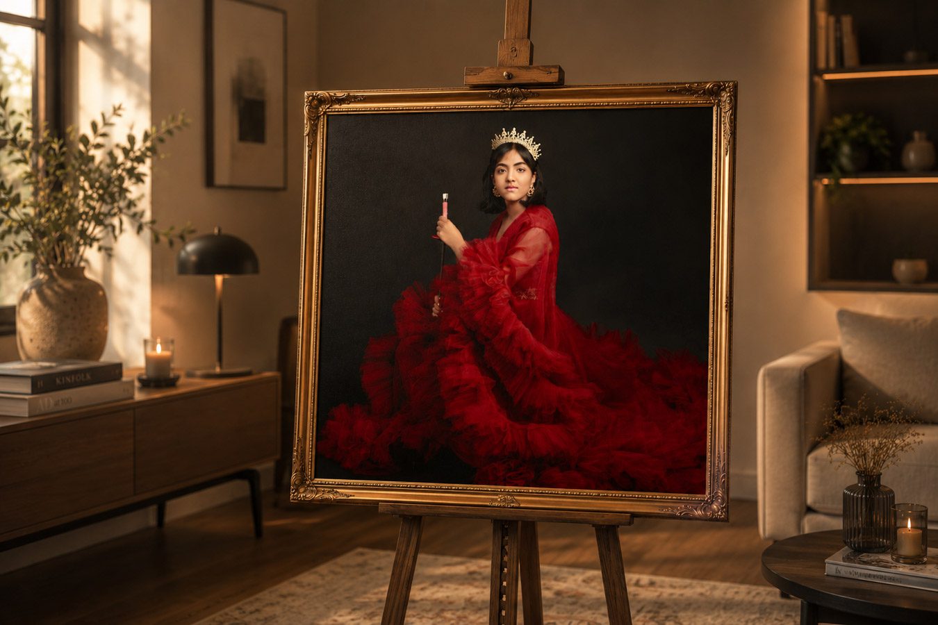 Fine art portrait wall art in a luxury home — heirloom family portraits